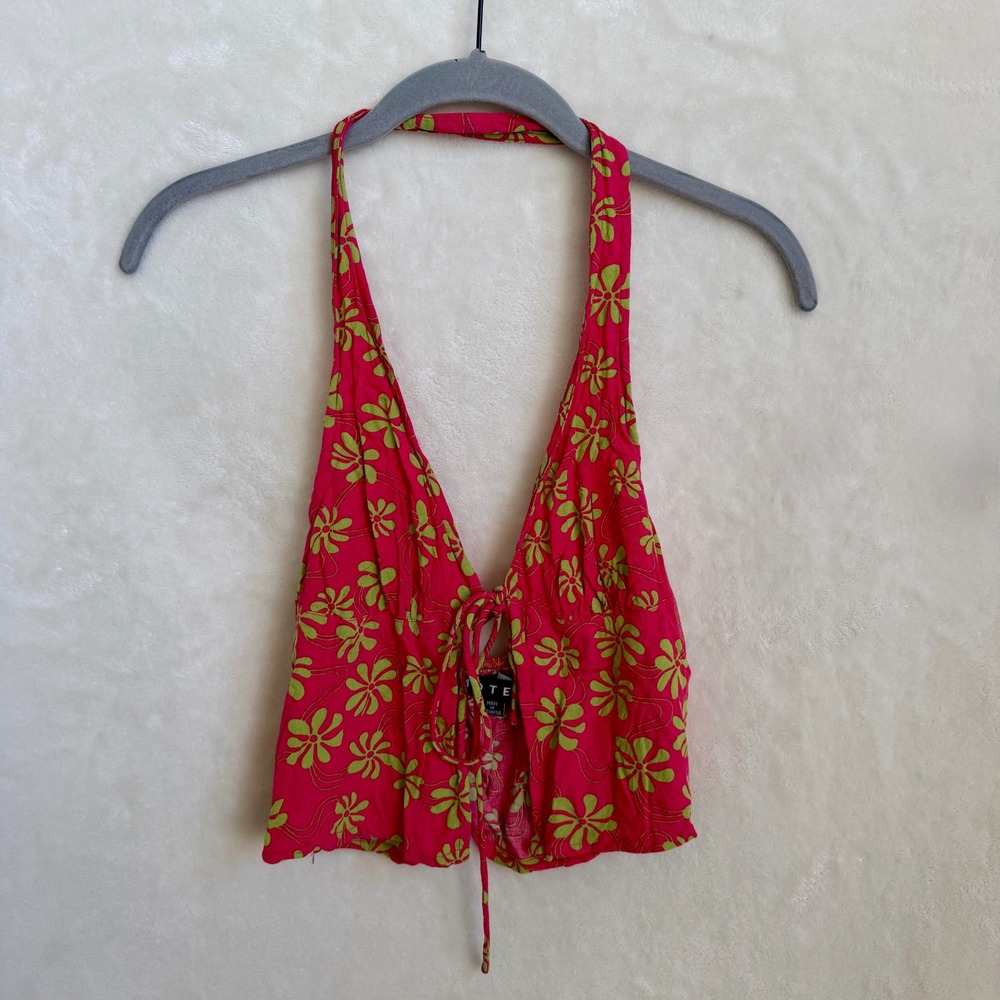 Motel Rocks Pink Tropical Floral Halter Crop Top Size Small Tie Front Viscose